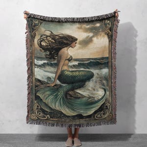 Enchanting Mermaid Woven Blanket 100% Cotton with Ocean Waves and Vintage Frame for Coastal Home Decor, Cottagecore Tapestry