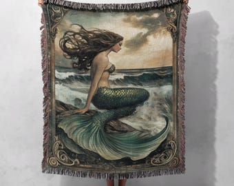 Manta tejida de sirena encantadora, 100 % algodón, con olas del océano y marco vintage para decoración costera, tapiz estilo cottagecore.