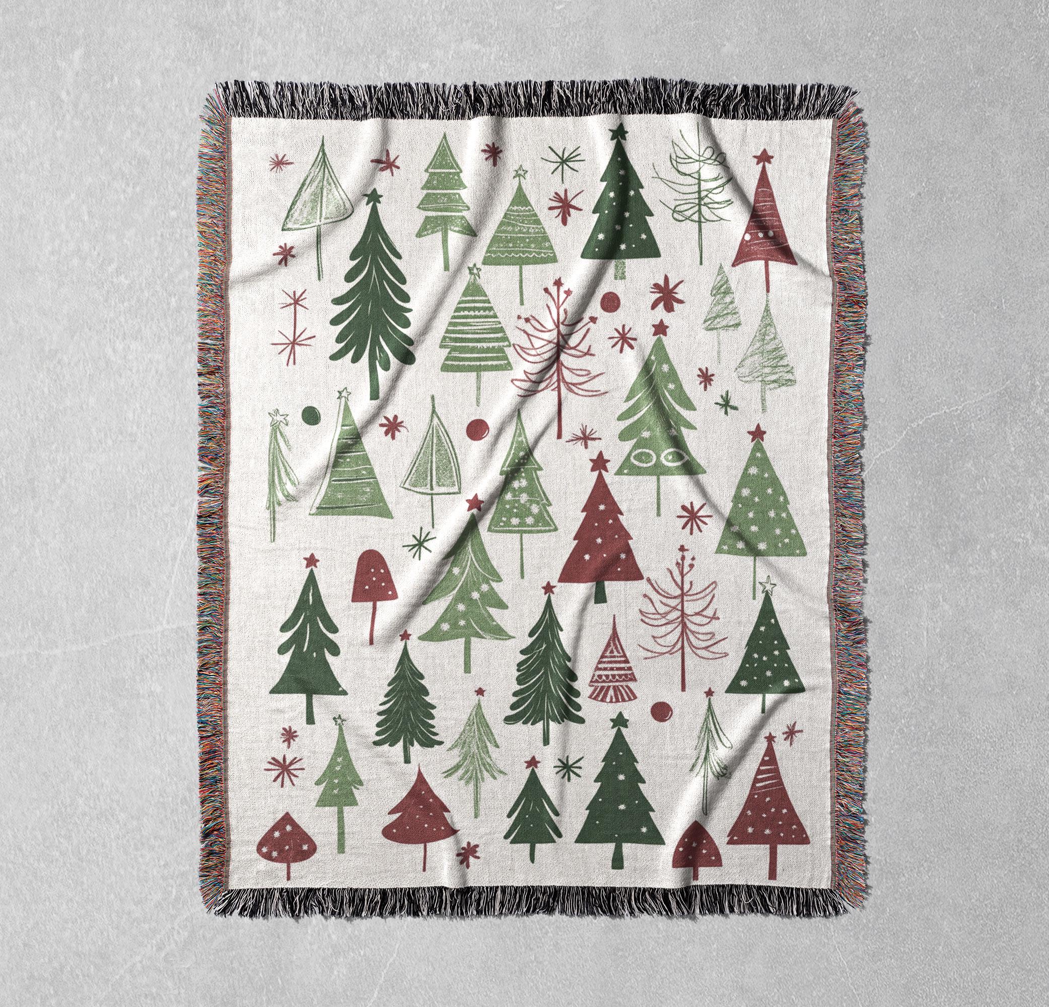 お祝いのクリスマスツリー織りブランケット 100% コットン フリンジ