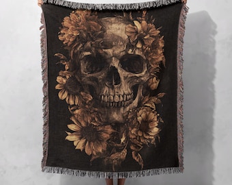 Floral Skull 100% Cotton Woven Blanket, Gothic Macabre Tapestry, Dark Aesthetic Throw, Spooky Decor