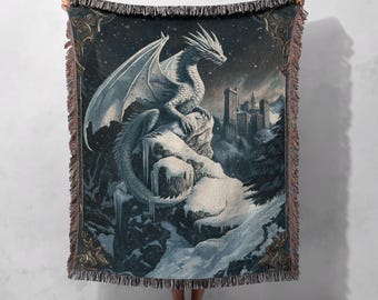 F8　冬景色　コラージュ　アート作品　布の絵 氷のドラゴンのファンタジーアート織りブランケット、綿100％、神話上
