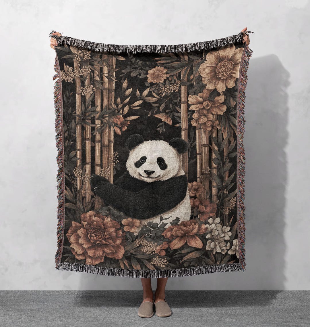 Cozy Panda 100% Cotton Woven Blanket, Bamboo Forest Throw, Vintage