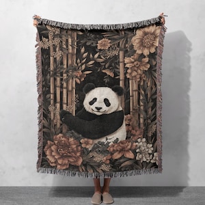 Cozy Panda 100% Cotton Woven Blanket, Bamboo Forest Throw, Vintage Nature Tapestry, Wildlife Lover Gift