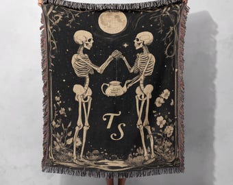 Skeleton Tea Party 100% Cotton Woven Blanket, Gothic Cozy Throw, Spooky Halloween Decor, Dark Academia Aesthetic, Macabre Gift