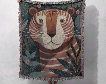 Tiger Lover Gift Woven Blanket 100% Cotton, Jungle Nursery Decor Woven Throw, Safari Kids Room Tapestry Blanket, Animal Art Bohemian Home.