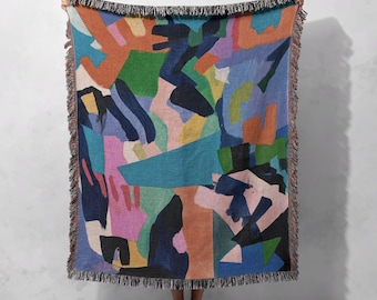 Vibrant Abstract Woven Blanket 100% Cotton - Bold Multicolor Design with Fringed Edges, Cottagecore Tapestry