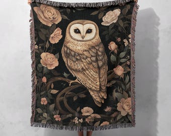 100% Cotton Owl & Roses Woven Blanket – Mystical Woodland Tapestry, Vintage Cottagecore Throw