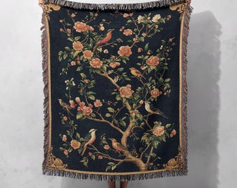 Vintage deken van 100% katoen met bloemen- en vogelmotief – Gezellige en artistieke woondecoratie, cottagecore wandtapijt