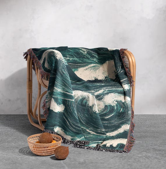 Ocean Waves Woven Blanket 100% Cotton - Coastal Throw for Nautical