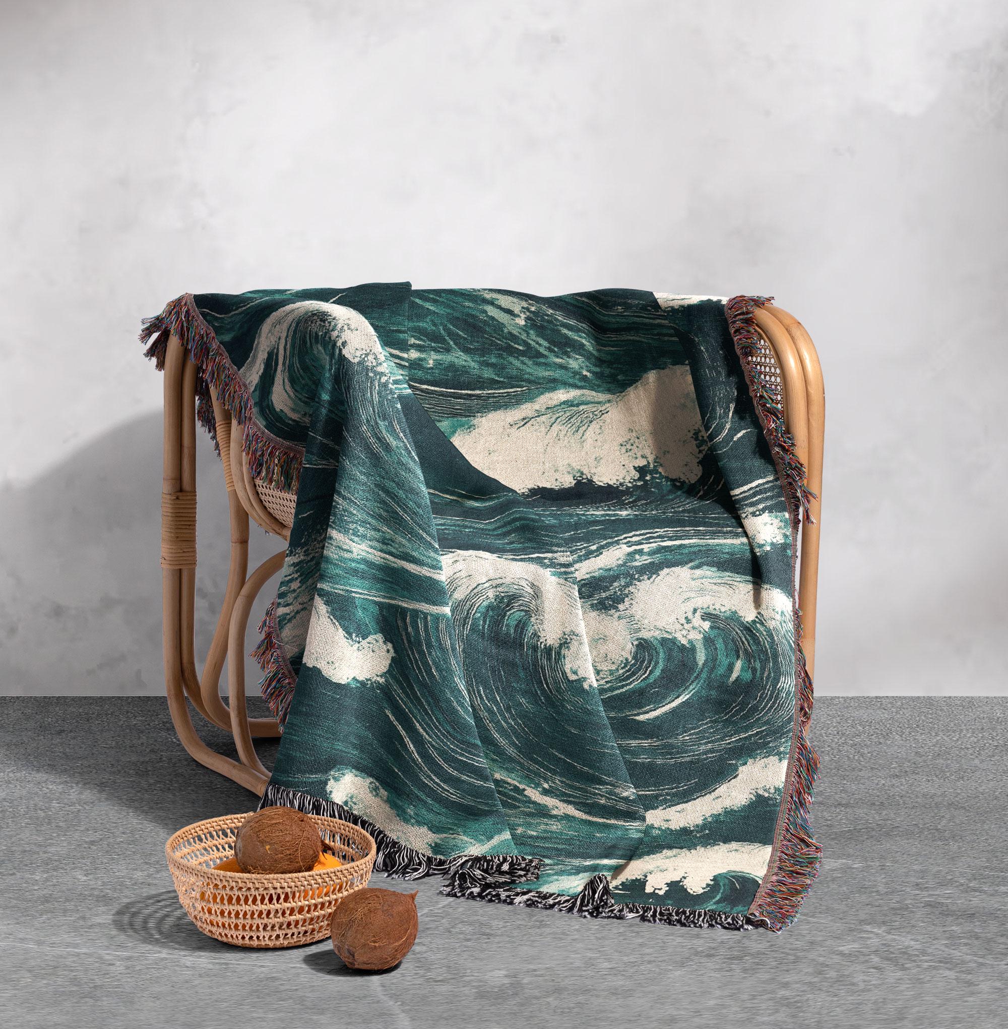 Ocean Waves Woven Blanket 100% Cotton - Coastal Throw for Nautical