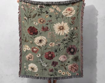 100% Cotton Vintage Floral Woven Blanket, Botanical Cottagecore Tapestry, Cozy Farmhouse Throw, Nature-Inspired Decor