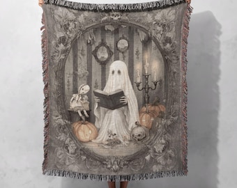 Manta tejida con diseño de libro de lectura fantasma, 100 % algodón, tapiz tejido de Halloween espeluznante, manta de decoración gótica para el hogar, manta de Academia oscura, amante de los libros.