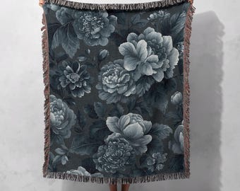 Dark Floral Woven Blanket 100% Cotton, Moody Peony Tapestry, Gift For Mom Woven Throw, Gardener Gift Couch Throw, Vintage Decor Art Lover