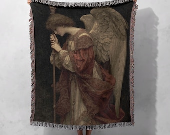 Manta tejida de ángel religioso 100 % algodón, manta artística de fe espiritual, tapiz de oración de bellas artes clásico, manta decorativa para el hogar Divine Serenity.