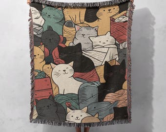 綿100％織りブランケット - かわいい毛糸の猫柄の居心地の良いアーティ
