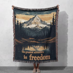 Mountain Freedom Woven Blanket 100% Cotton - Adventure Quote Nature Throw for Home, Cottagecore Tapestry