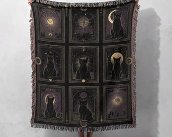 Coperta tessuta in cotone al 100% con gatto nero, arazzo gotico mistico, arredamento per la casa stregato, coperta con tarocchi celestiali, regalo occulto