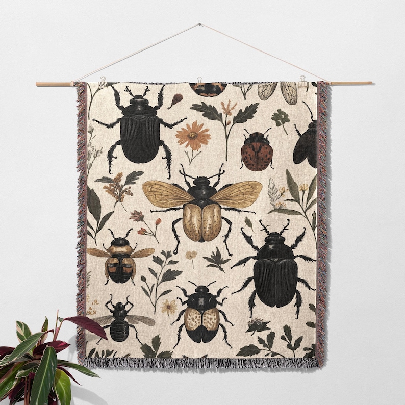 Insect Pattern Throw 100% Cotton Insect Woven Blanket, Vintage Beetle Tapestry, Nature ...