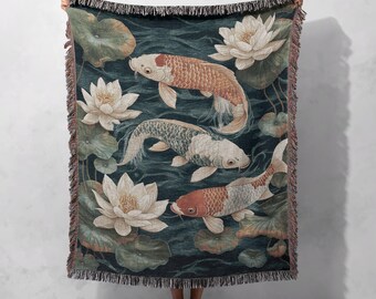 Koi-Fisch-Decke aus 100 % Baumwolle, gewebter Wandteppich im japanischen Stil, Zen-Garten-Dekoration, Lotus-Teich-Decke, kuschelige Naturdecke, Geschenk für Sie oder Ihn