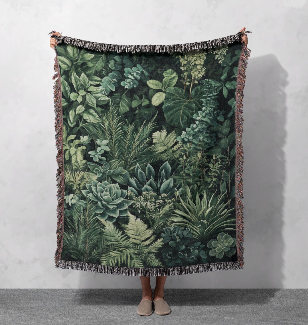 100% Cotton Lush Greenery Woven Blanket, Botanical Jungle Throw, Nature ...