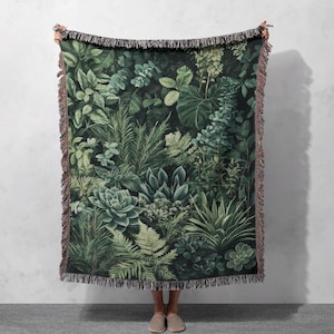 100% Cotton Lush Greenery Woven Blanket, Botanical Jungle Throw, Nature-Inspired Tapestry, Cozy Plant Lover Decor