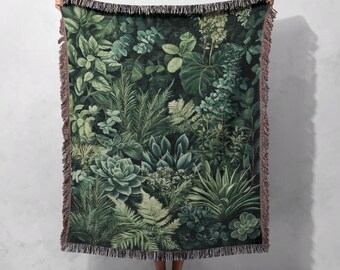 100 % Baumwolle, gewebte Decke mit üppigem Grünmuster, botanische Dschungel-Überwurfdecke, naturinspirierter Wandteppich, gemütliche Dekoration für Pflanzenliebhaber