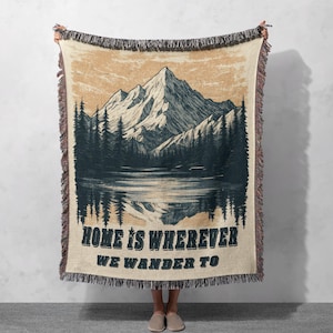 Mountain Adventure Woven Blanket 100% Cotton - Wanderlust Nature Throw for Cozy Home Decor, Cottagecore Tapestry