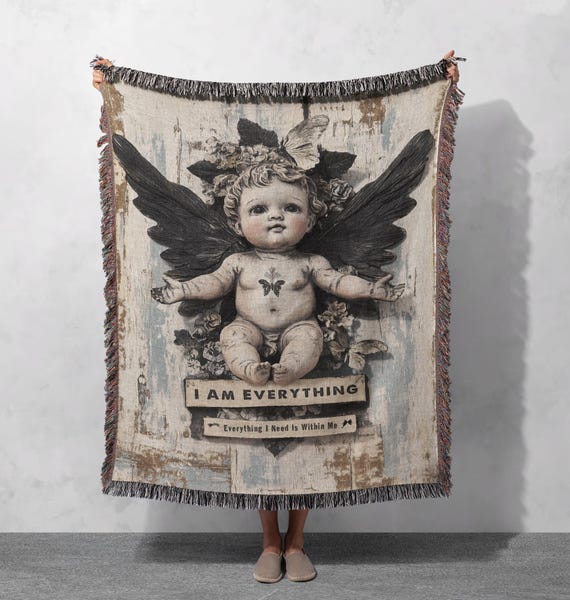 Gothic Angel 100% Cotton Woven Blanket, Dark Cherub Art Throw