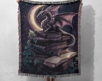 Moonlit Dragon 100% Cotton Woven Blanket, Fantasy Book Lover Throw, Mystical Library Tapestry