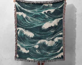 Ocean Waves Woven Blanket 100% Cotton - Coastal Throw for Nautical Home Decor, Cottagecore Tapestry