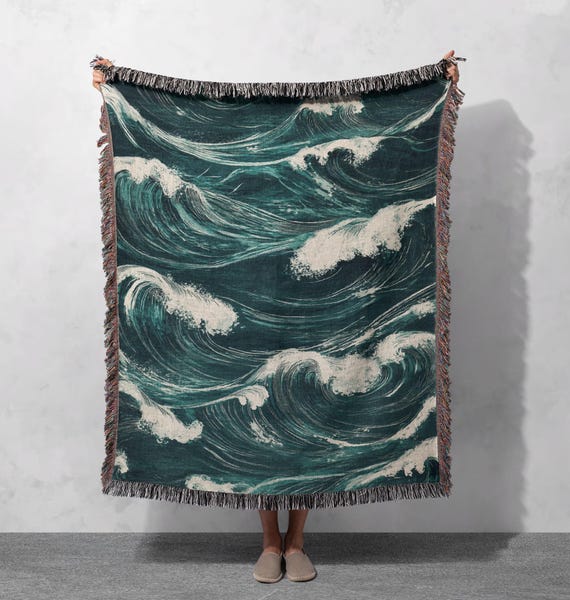 Ocean Waves Woven Blanket 100% Cotton - Coastal Throw for Nautical