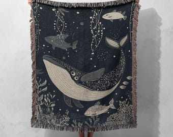 Majestic Ocean Whale Woven Blanket 100% Cotton - Cozy Underwater Scene Throw with Marine Life for Ocean Lovers, Cottagecore Tapestry