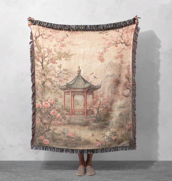 Asiatische Landschaftsdecke aus 100 % Baumwolle, Gartendecke, Zen-Pagodendecke, Decke für Naturliebhaber, Meditationsdecke