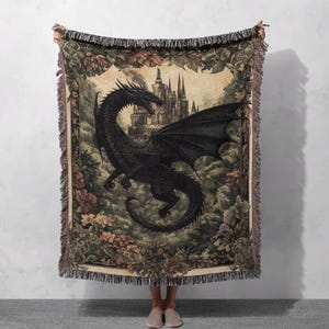 100% Cotton Black Dragon Woven Blanket, Medieval Fantasy Tapestry, Gothic Castle Decor