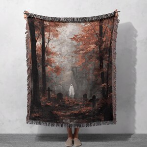 Autumn Cemetery Ghost Woven Blanket 100% Cotton, Misty Forest Graveyard Throw, Fringed Halloween Wall Tapestry, Dark Woodland Seasonal Decor