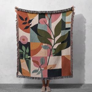 Botanical Abstract Woven Blanket 100% Cotton - Colorful Modern Home Decor, Cottagecore Tapestry