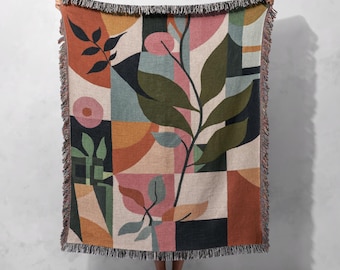 Botanical Abstract Woven Blanket 100% Cotton - Colorful Modern Home Decor, Cottagecore Tapestry