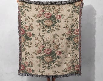 Vintage rosvävd filt 100 % bomull, present till mamma, vävd pläd, trädgårdsgåva, gobelängfilt, blommig hobbydekoration, mors dag-present