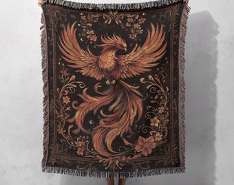Phoenix Rising Woven Blanket, Mythical Firebird Tapestry, Boho Gothic Decor