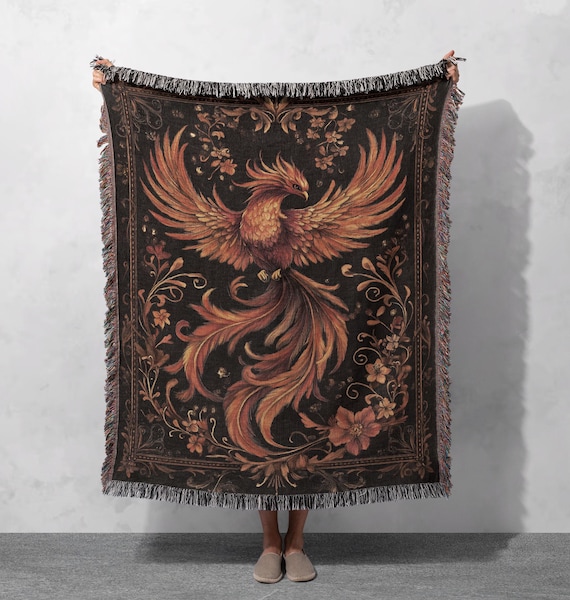 Phoenix Rising Woven Blanket, Mythical Firebird Tapestry, Boho Gothic Decor