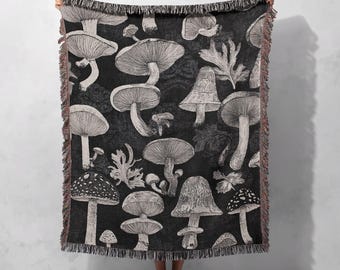 Black Mushroom Woven Blanket 100% Cotton - Vintage Botanical Fungi Illustration Throw Blanket with Fringe Edges, Cottagecore Tapestry