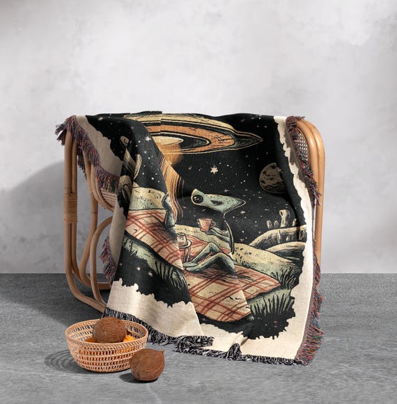 Alien Picnic 100% Cotton Woven Blanket, Retro UFO Tapestry, Cosmic