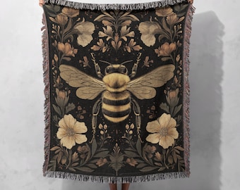 100% Cotton Honeybee Woven Blanket, Vintage Floral Tapestry, Nature-Inspired Decor