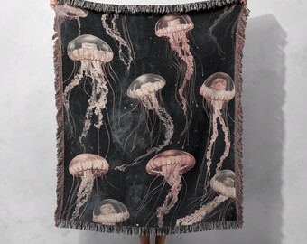 Jellyfish Art Woven Blanket 100% Cotton, Marine Life Interest Blanket, Ocean Depths Hobby , Coastal Home Decor , Unique Aquatic Lover Gift