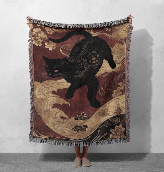 黒猫浮世絵織りブランケット 綿100% 日本のアートスタイル 神秘的な