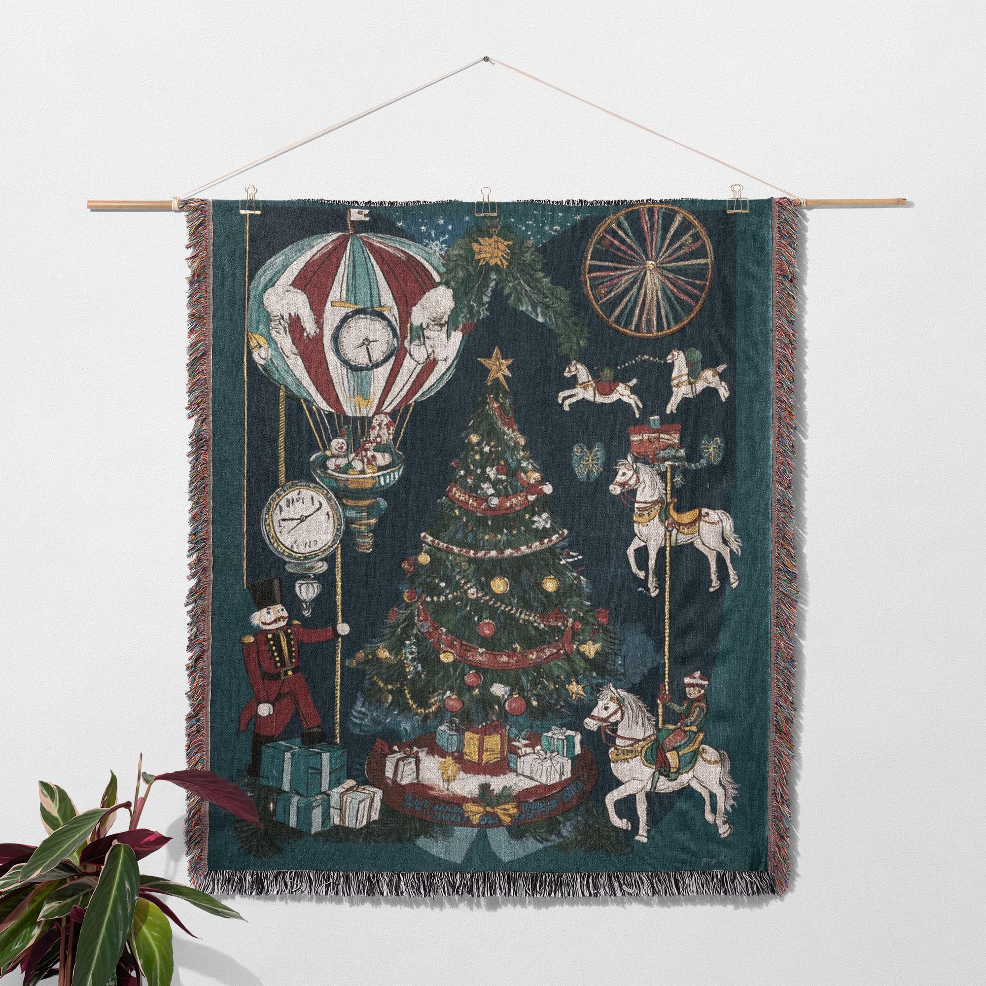 クリスマスツリー刺繍ブランケット ヴィンテージ クリスマス織りブランケット 100% コットン カルーセル