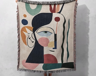 Modern Abstract Face Woven Blanket 100% Cotton - Artistic Multicolor Design with Fringed Edges, Cottagecore Tapestry