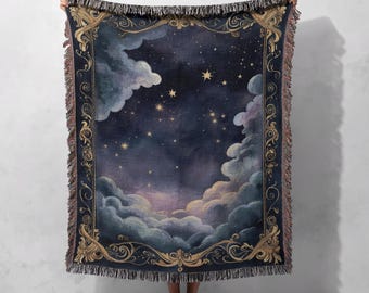 100% Cotton Celestial Woven Blanket, Vintage Starry Sky Tapestry, Cozy Home Decor, Dreamy Cloud Throw, Gothic Aesthetic Blanket