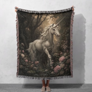 Enchanted Unicorn 100% Cotton Woven Blanket, Mystical Fantasy Tapestry, Magical Horse Throw, Fairytale Decor