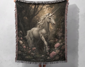 Enchanted Unicorn 100% Cotton Woven Blanket, Mystical Fantasy Tapestry, Magical Horse Throw, Fairytale Decor